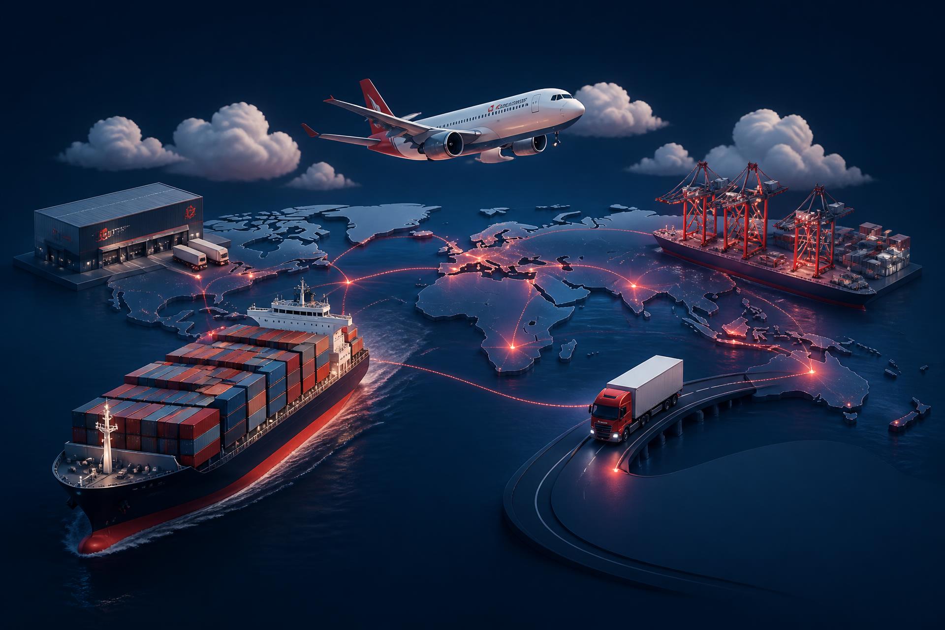 Global logistics network of ships, planes and trucks